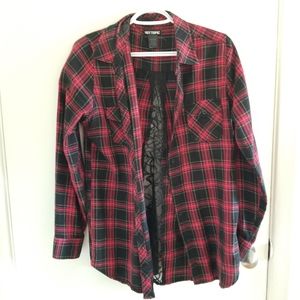 Red plaid lightweight flannel with lace inset back